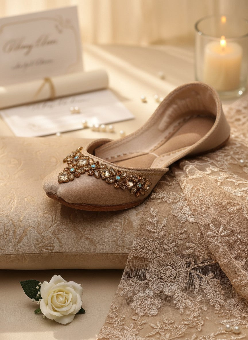 Ujaala Aarya beige velvet jutti embellished with intricate mirror diamond work and turquoise accents.