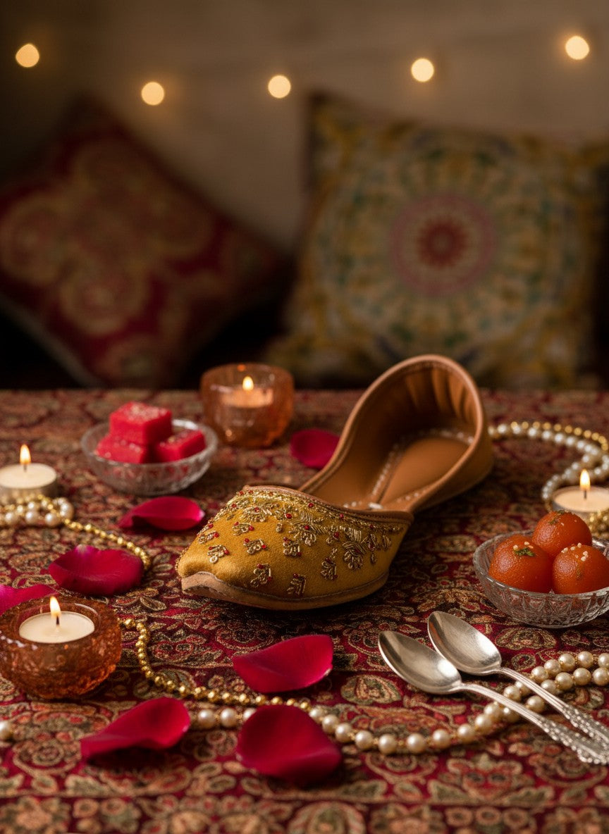 Ujaala Mehwar golden velvet jutti with intricate hand embroidery and red stone detailing.