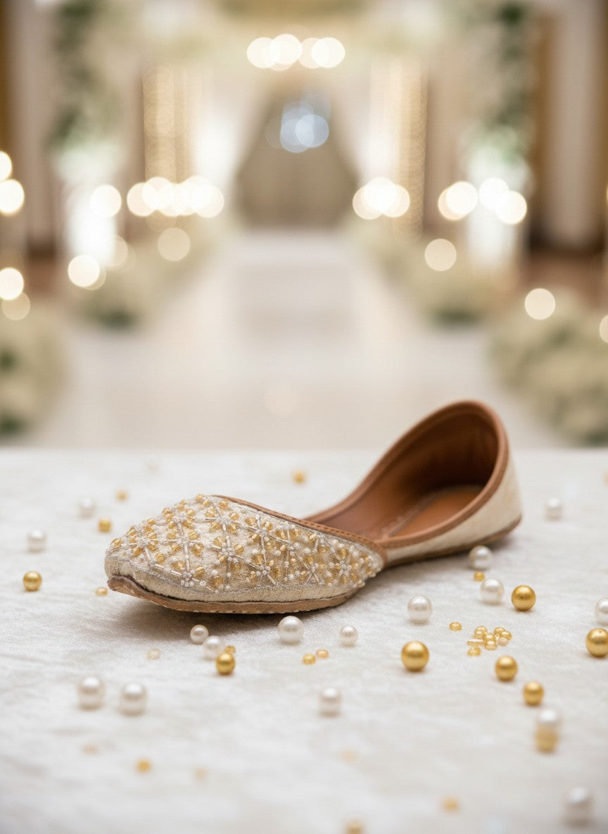 Ujaala Piyu ivory velvet khussa embellished with pearl and gold bead embroidery.