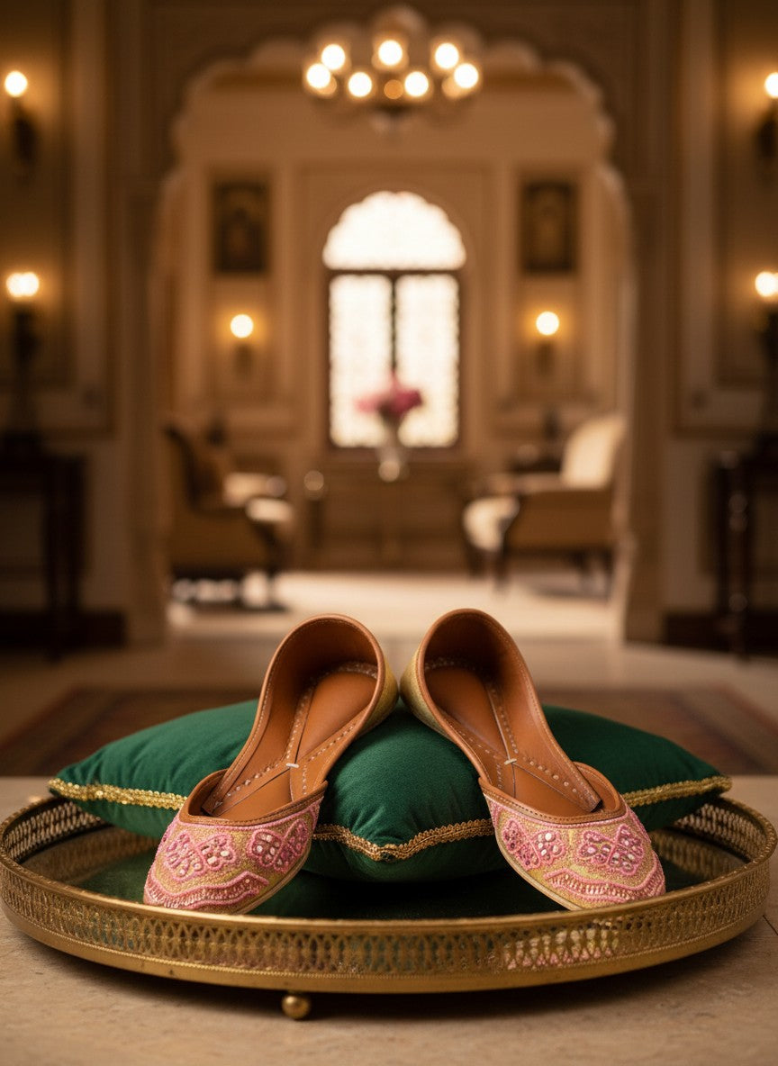 Ujaala Dilruba pink embroidered jutti flats with mirror work, crafted from soft, comfortable fabric for festive occasions.