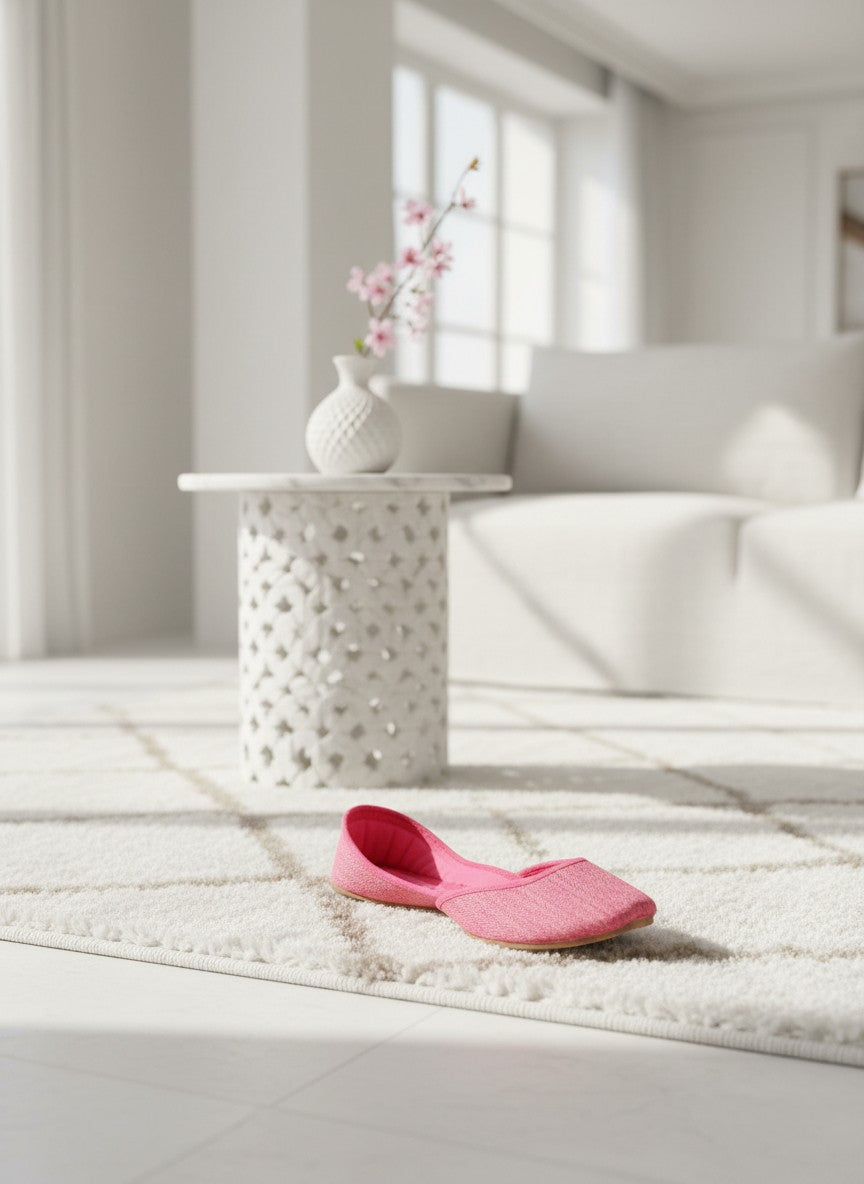 Ujaala pink textured fabric jutti with cushioned sole, perfect for daily wear.