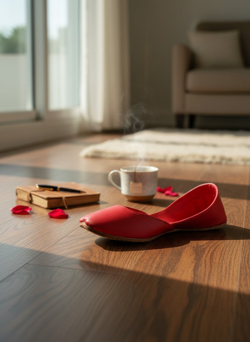 Ujaala Noora red plain leather jutti with a pointed toe and comfortable fit.