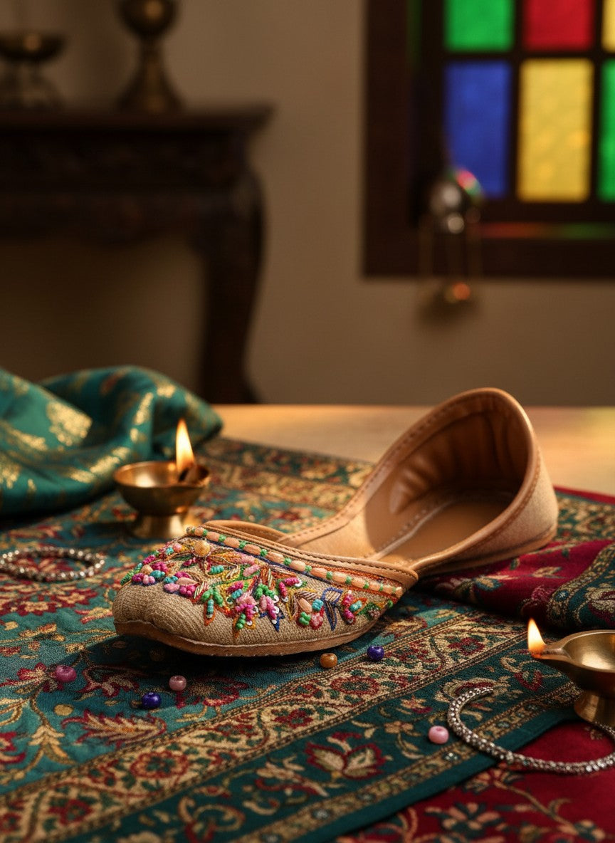 Ujaala Sartaj beige jutti with colorful floral bead embroidery and sequin accents.