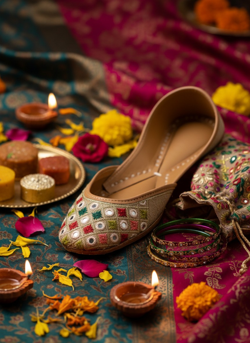 Ujaala Mirra beige jutti with embroidered geometric pattern and mirror accents. Traditional slip-on flat shoe.
