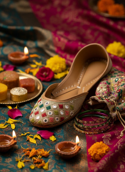 Ujaala Mirra beige jutti with embroidered geometric pattern and mirror accents. Traditional slip-on flat shoe.