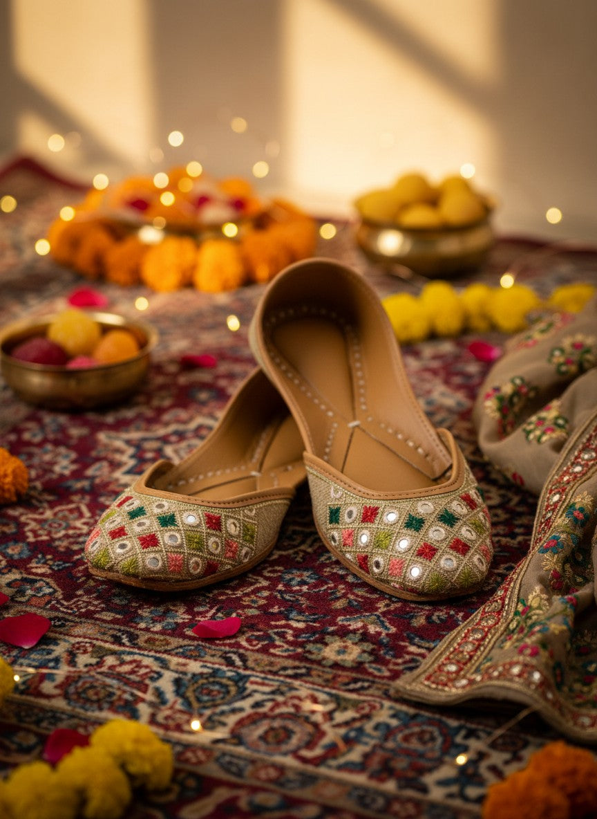 Ujaala beige jutti with embroidered diamond pattern in red, green, and white, featuring mirror work.