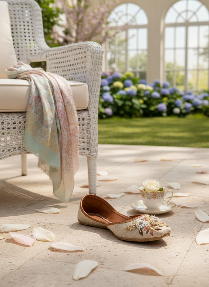 Ujaala Naazneen beige jutti with gold and ivory floral embroidery. Flat, slip-on style.