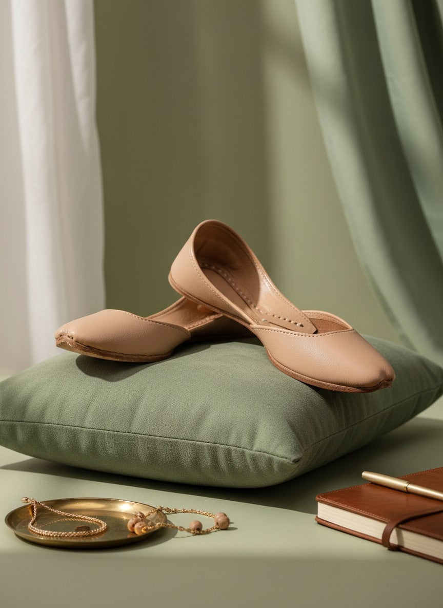 Ujaala Noora plain beige leather jutti with a pointed toe and comfortable sole.