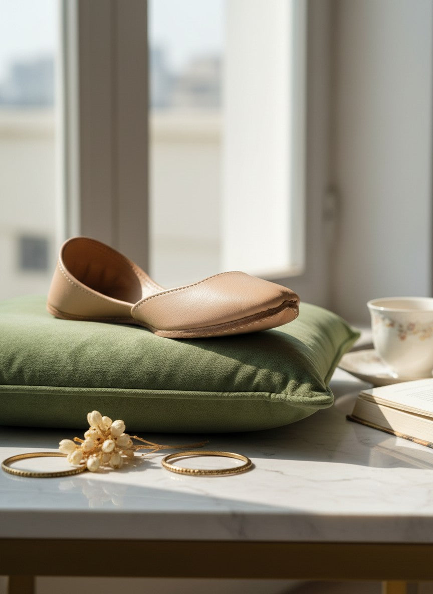 Ujaala Noora plain beige leather jutti with a pointed toe and comfortable fit.