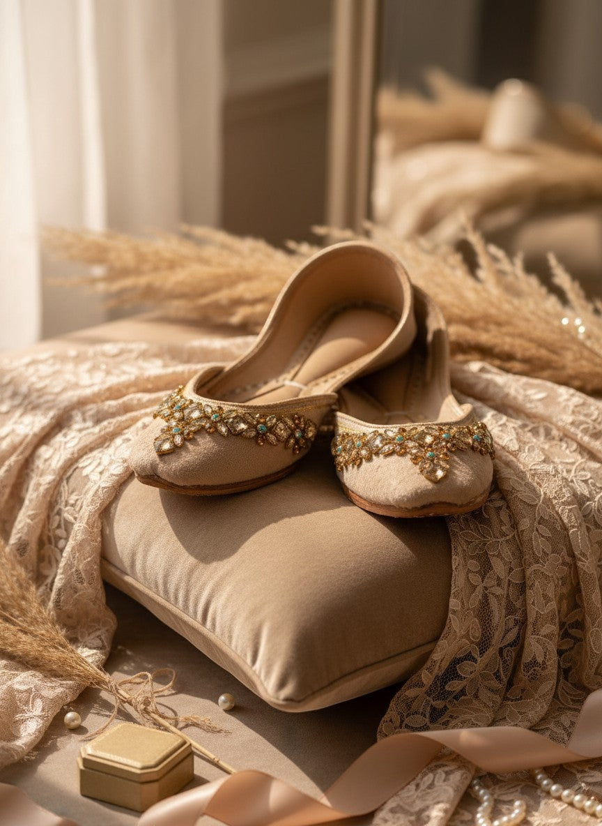 Ujaala Aarya beige velvet jutti with intricate mirror diamond work embellishment on the toe.