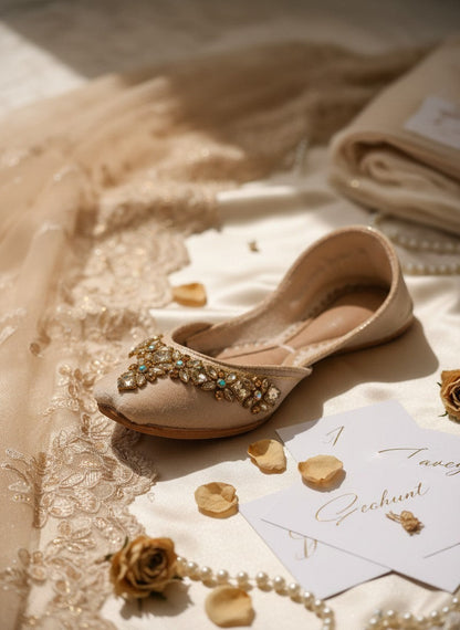Ujaala beige velvet jutti adorned with intricate mirror diamond work and gold embroidery. Elegant flat shoes for women.