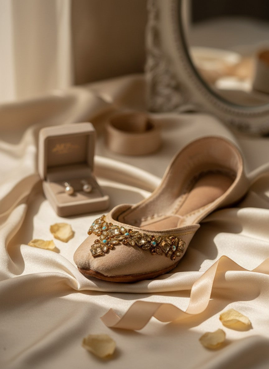 Ujaala Aarya beige velvet jutti adorned with intricate mirror diamond work and gold embroidery.