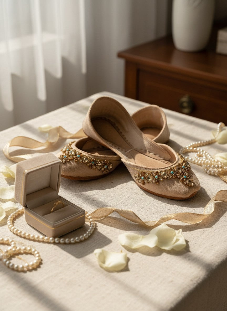 Ujaala Aarya beige velvet jutti embellished with intricate mirror diamond work and turquoise accents.