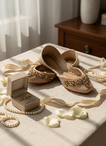 Ujaala Aarya beige velvet jutti embellished with intricate mirror diamond work and turquoise accents.