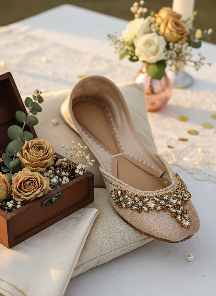 Ujaala beige velvet jutti with intricate mirror diamond work embellishment on the toe.