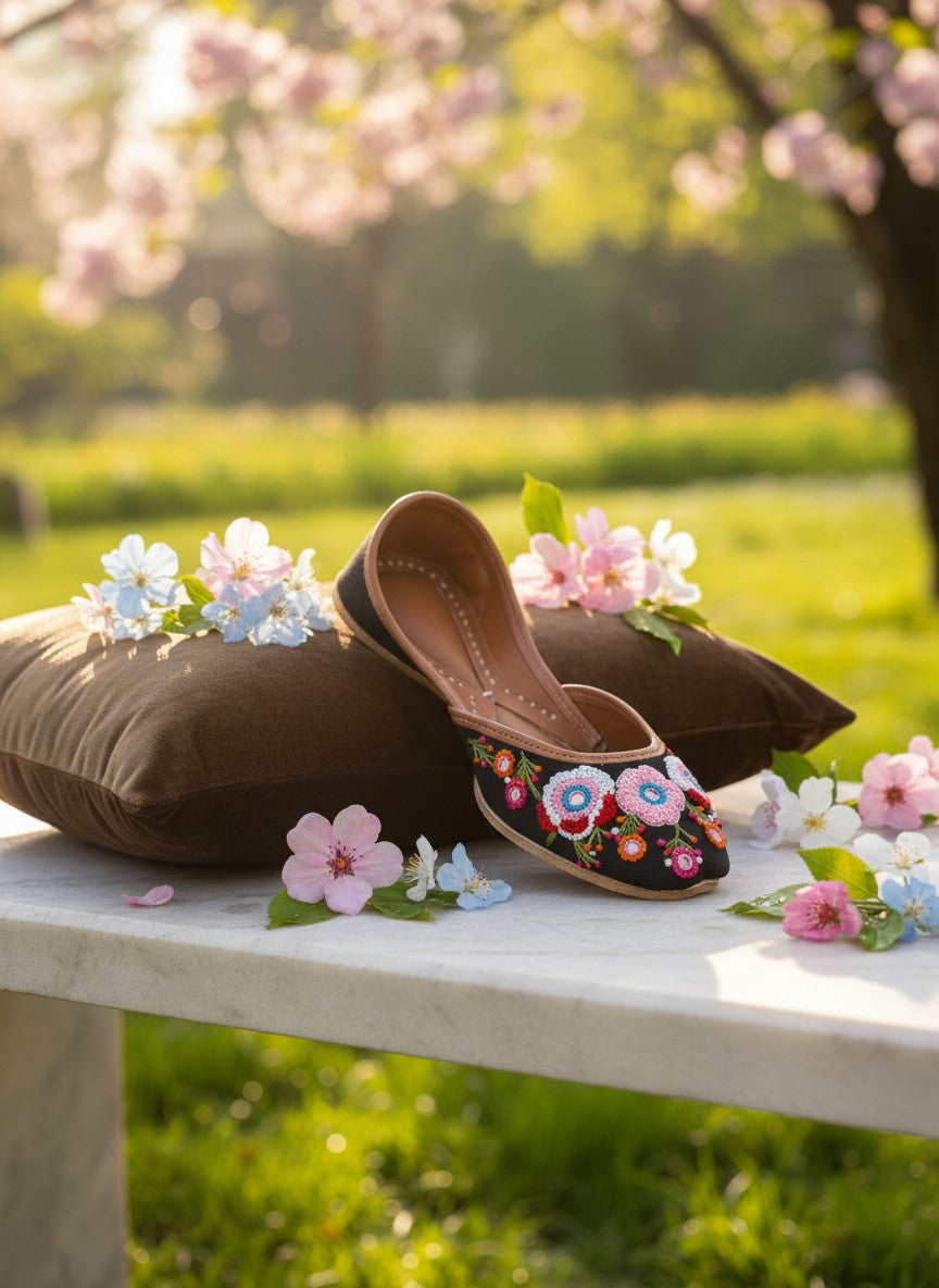 Ujaala Rangrez black handcrafted khussa with vibrant floral embroidery and bead detailing.