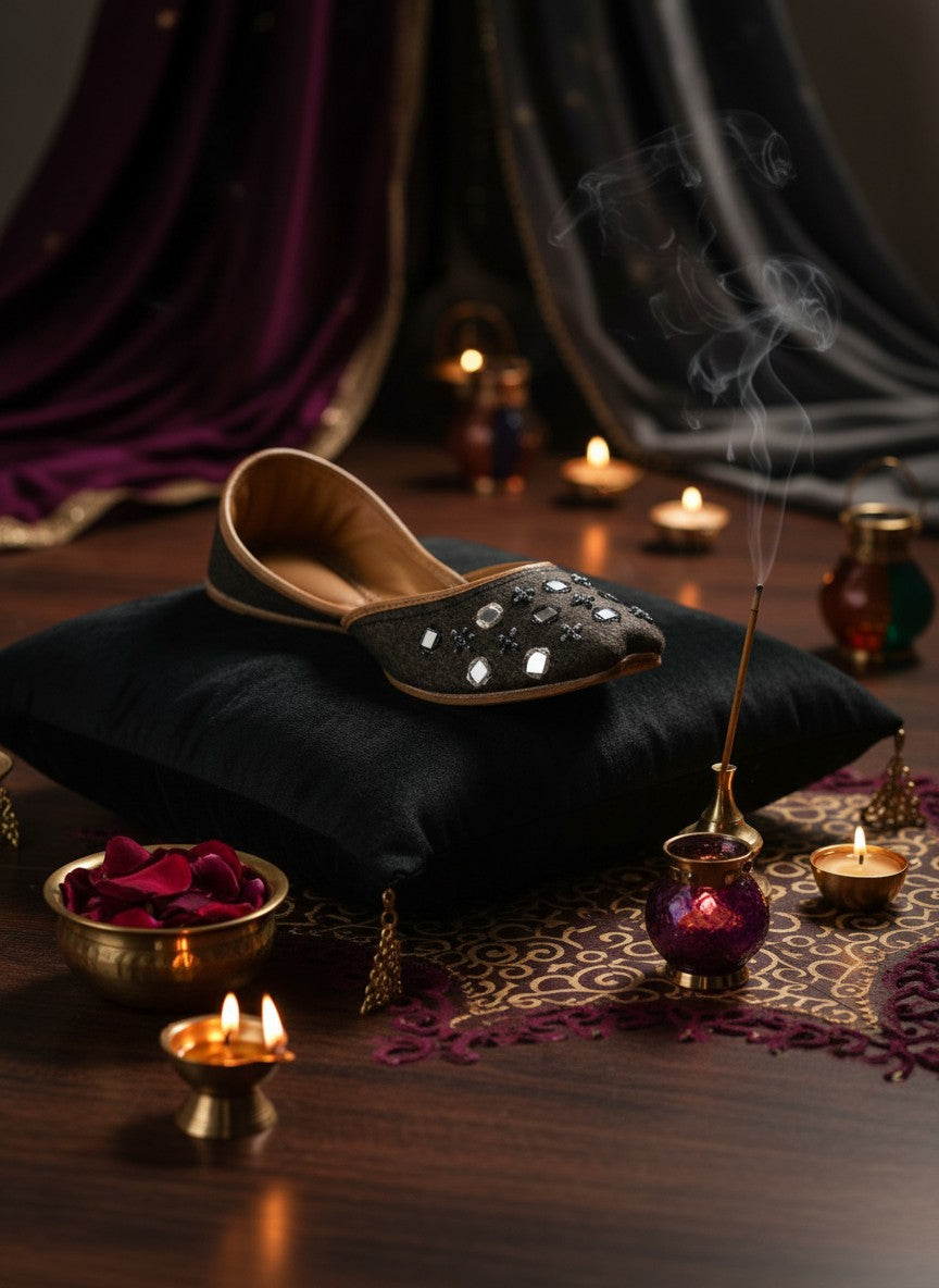 Ujaala Zarqa Black Jutti with mirror and bead detailing on cotton upper and leather sole.