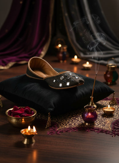 Ujaala Zarqa Black Jutti with mirror and bead detailing on cotton upper and leather sole.