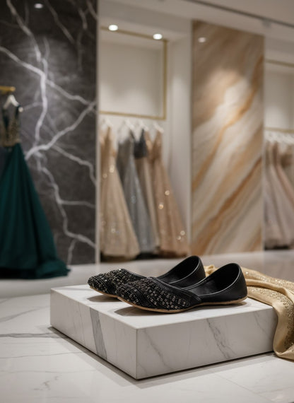 Ujaala Siyahi black jutti flats with intricate black beadwork and crystal detailing on the toe.
