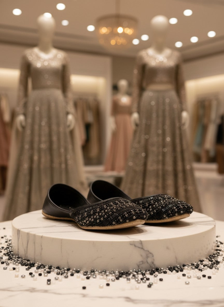 Ujaala Siyahi black jutti flats with intricate black beadwork and crystal detailing on the toe.