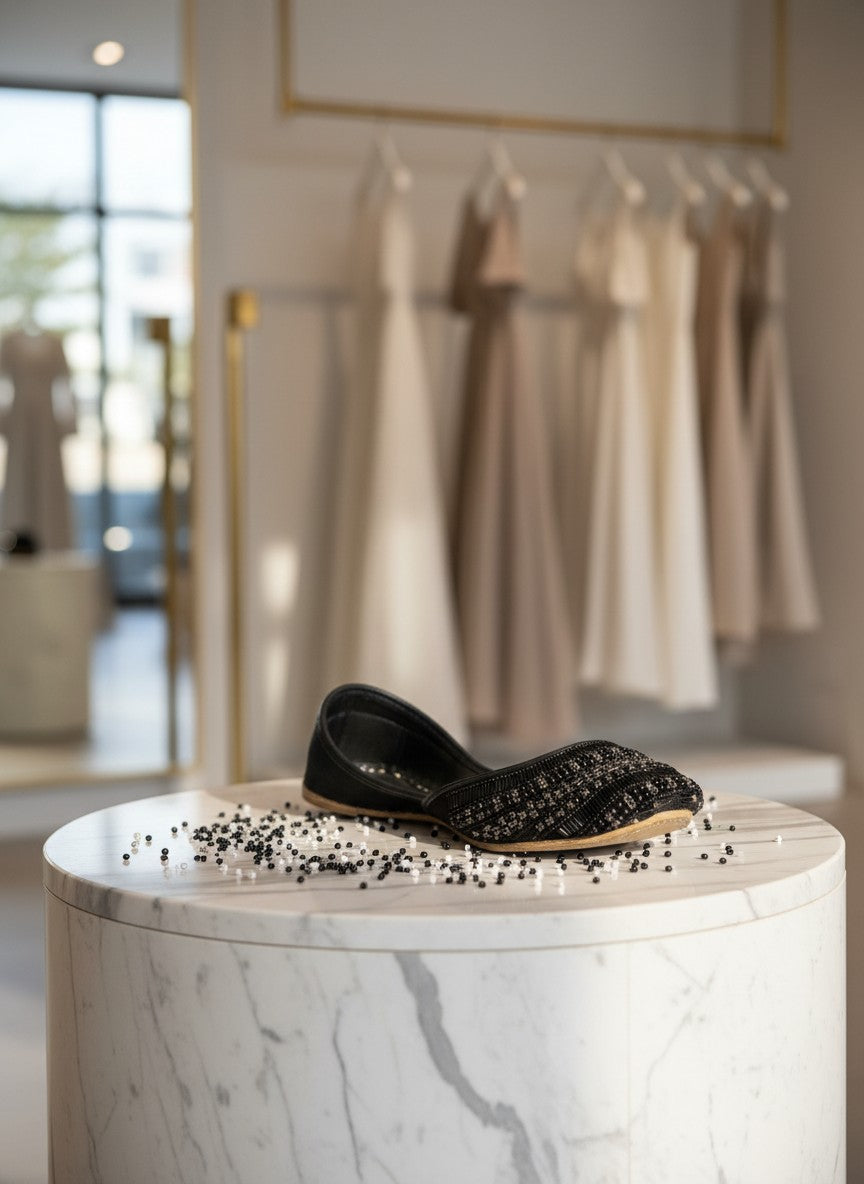Ujaala Siyahi black jutti flats with intricate black beadwork and crystal detailing on the toe.