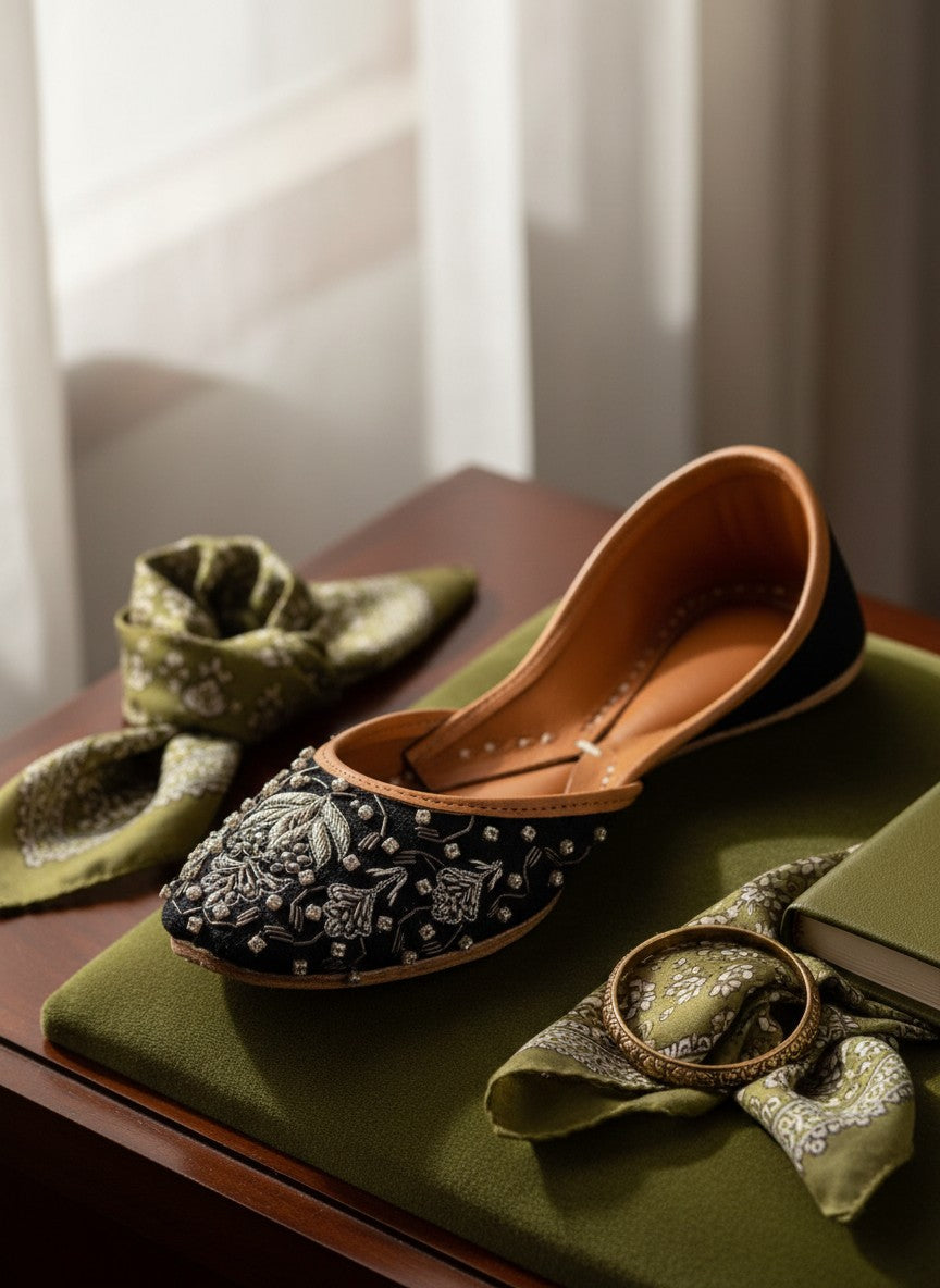 Ujaala Maya black jutti with intricate silver embroidery and beadwork. Flat sole, tan leather lining.