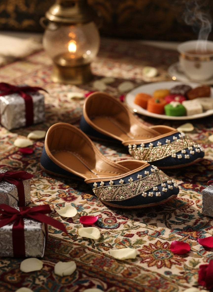 Ujaala Badshah blue jutti with intricate gold embroidery and pearl bead detailing. Traditional South Asian footwear.