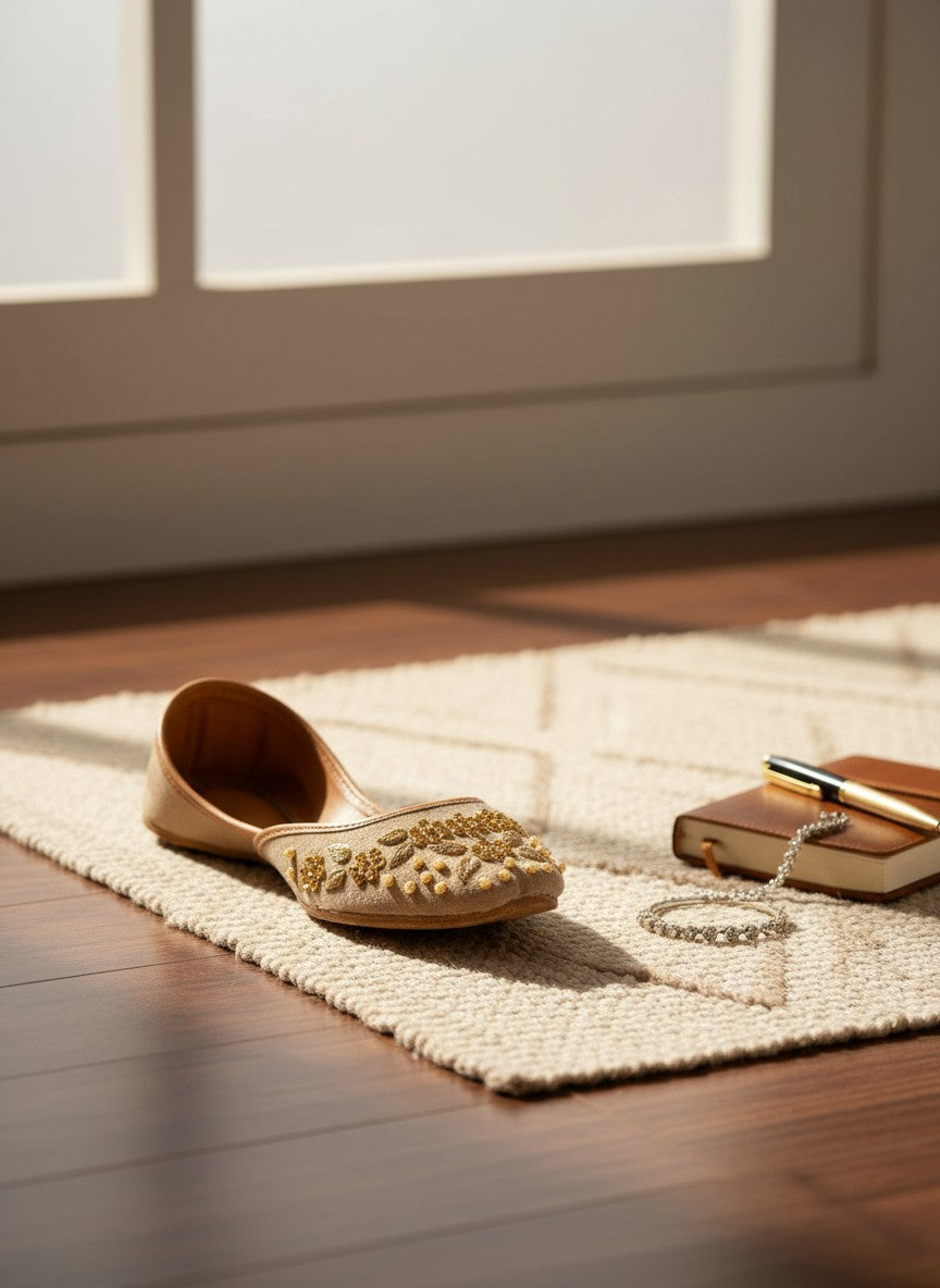 Ujaala brown suede jutti with intricate gold floral embroidery and pearl bead embellishments.