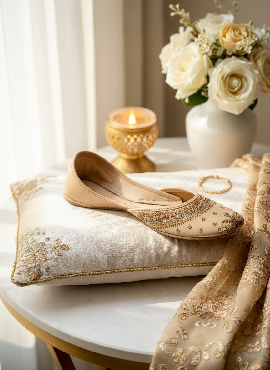 Ujaala elegant champagne jutti with intricate embroidery and beadwork. Flat, slip-on ethnic footwear for women.