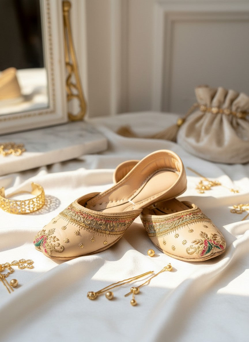 Ujaala Raah champagne jutti with intricate embroidery and beadwork. Comfortable, handcrafted ethnic footwear.