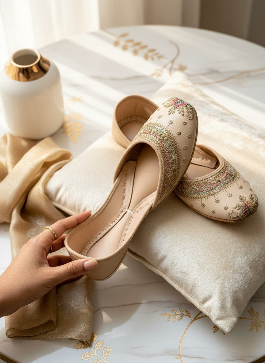 Ujaala Raah champagne jutti with intricate embroidery. Soft leather ethnic footwear for women.