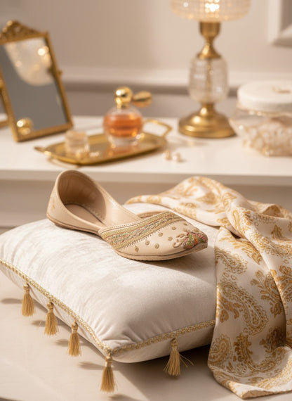 Ujaala champagne jutti with intricate embroidery and a comfortable fit, perfect for ethnic occasions.