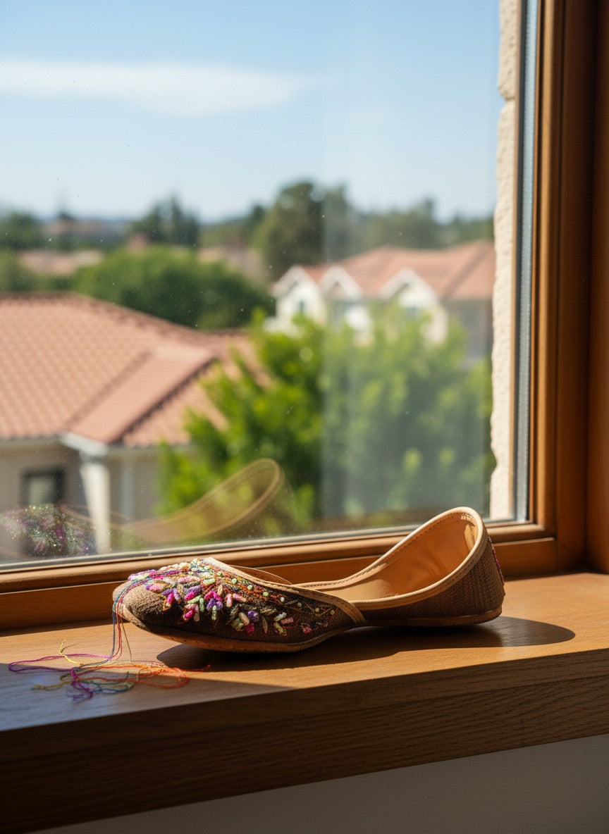 Ujaala deep chocolate brown jutti with intricate multi-colored bead and thread embroidery on the toe.