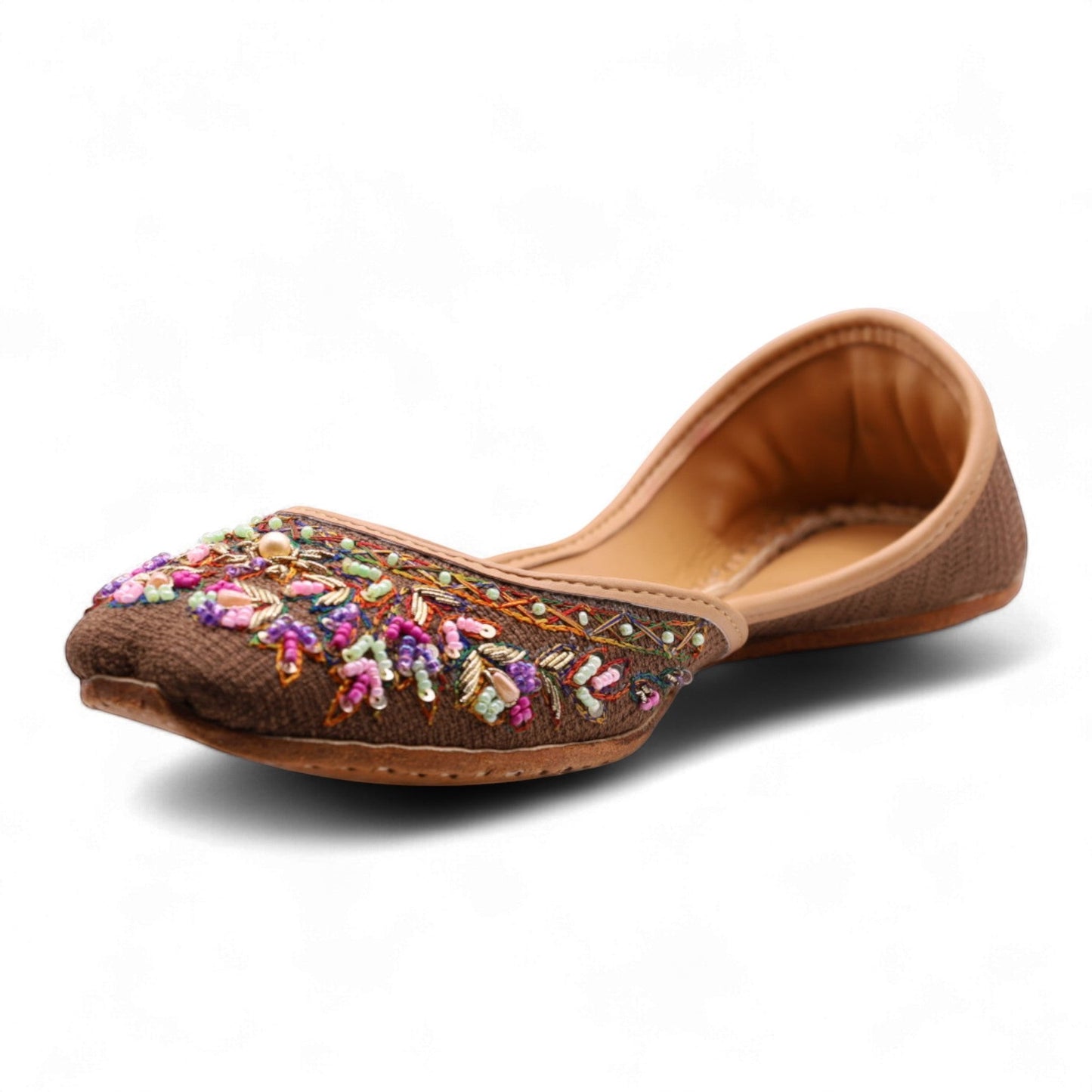 Ujaala deep chocolate brown jutti with intricate multi-colored bead and thread embroidery on the toe.
