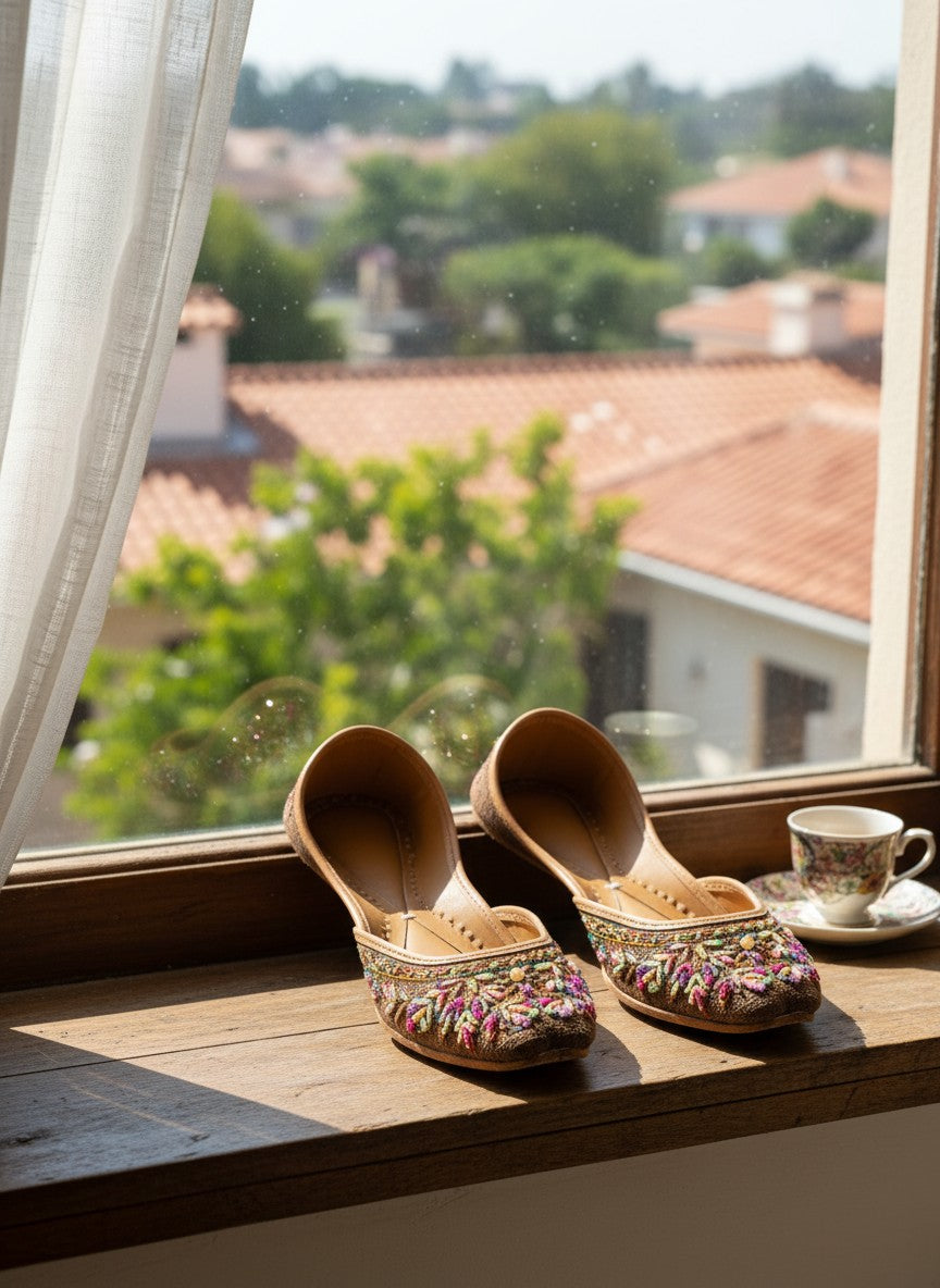 Ujaala deep chocolate brown jutti with intricate multi-colored bead and thread embroidery on the toe.
