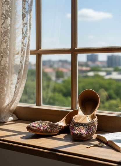 Ujaala deep chocolate brown jutti with intricate multi-colored bead and thread embroidery on the toe.