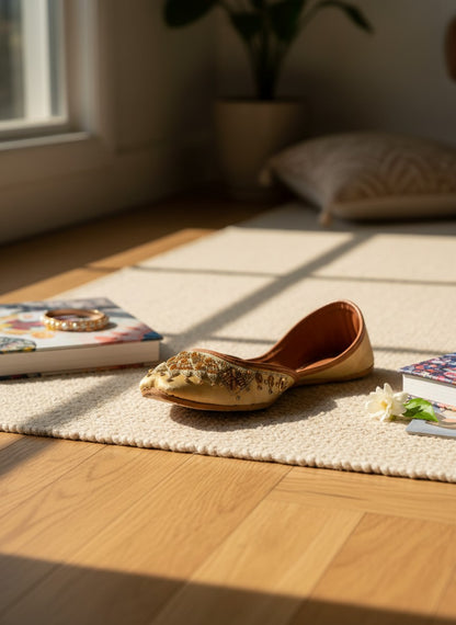 Ujaala golden-beige jutti with intricate gold and bronze bead embroidery on the toe. Flat sole, slip-on style.