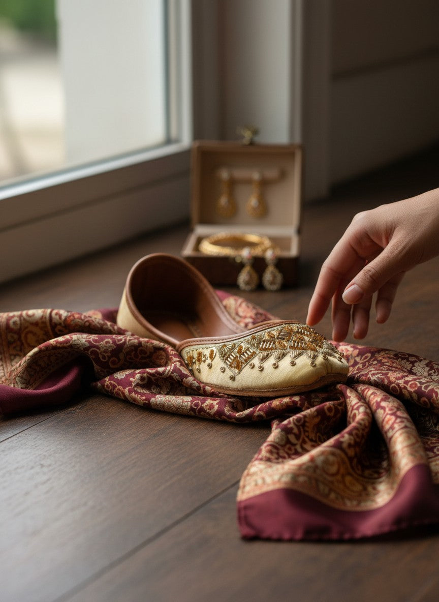 Ujaala golden-beige jutti with intricate gold and bronze bead embroidery on the toe. Flat sole, slip-on style.