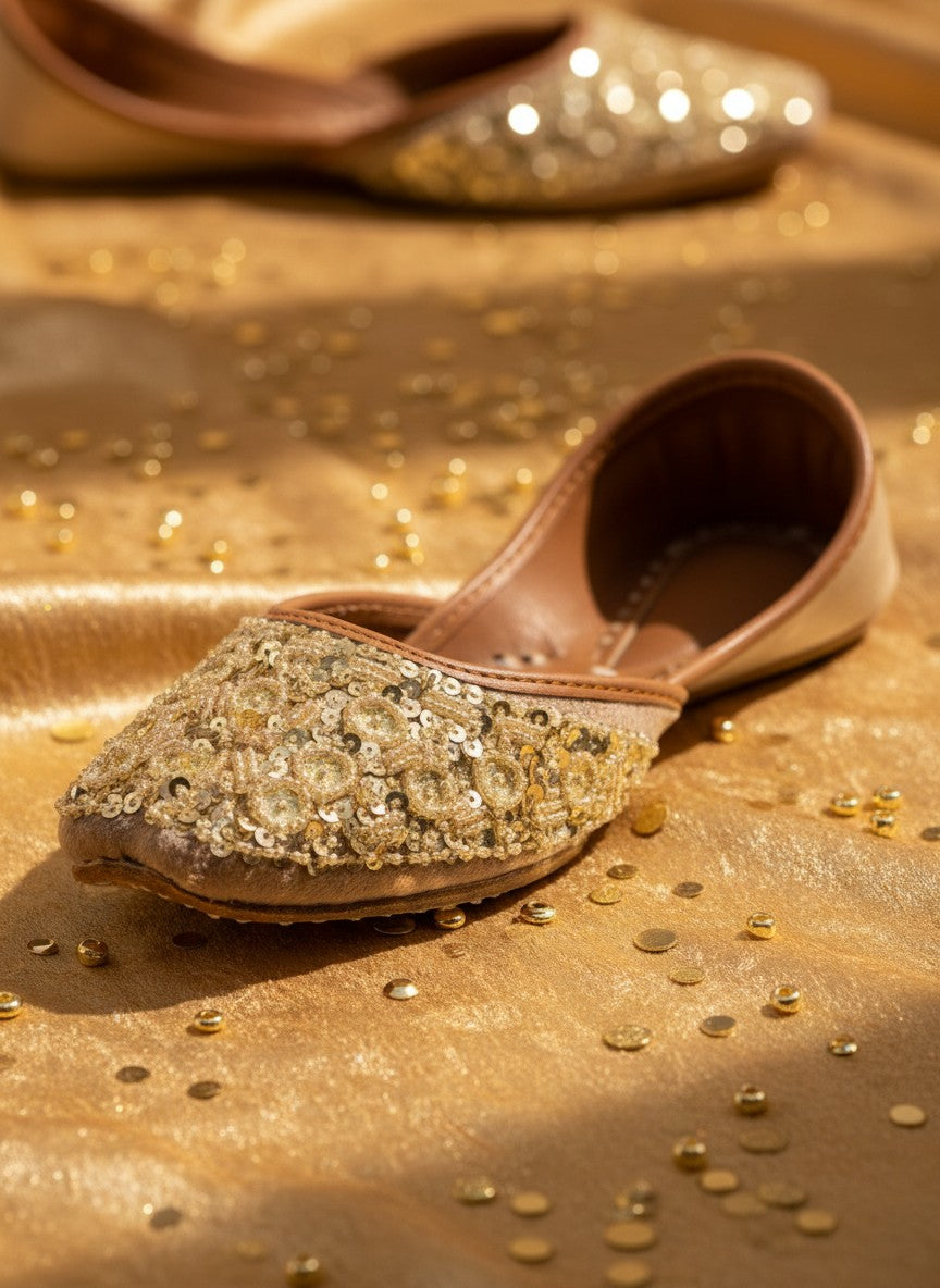 Ujaala gold jutti adorned with circular sequins and beads, featuring a pointed toe and tan leather lining.