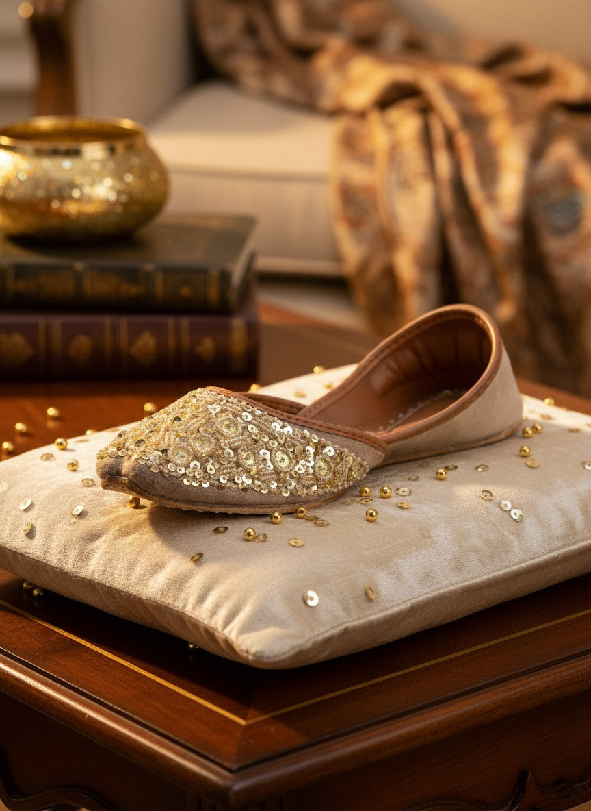 Ujaala gold jutti adorned with sparkling circular discs and beads. Elegant flat shoes for women.