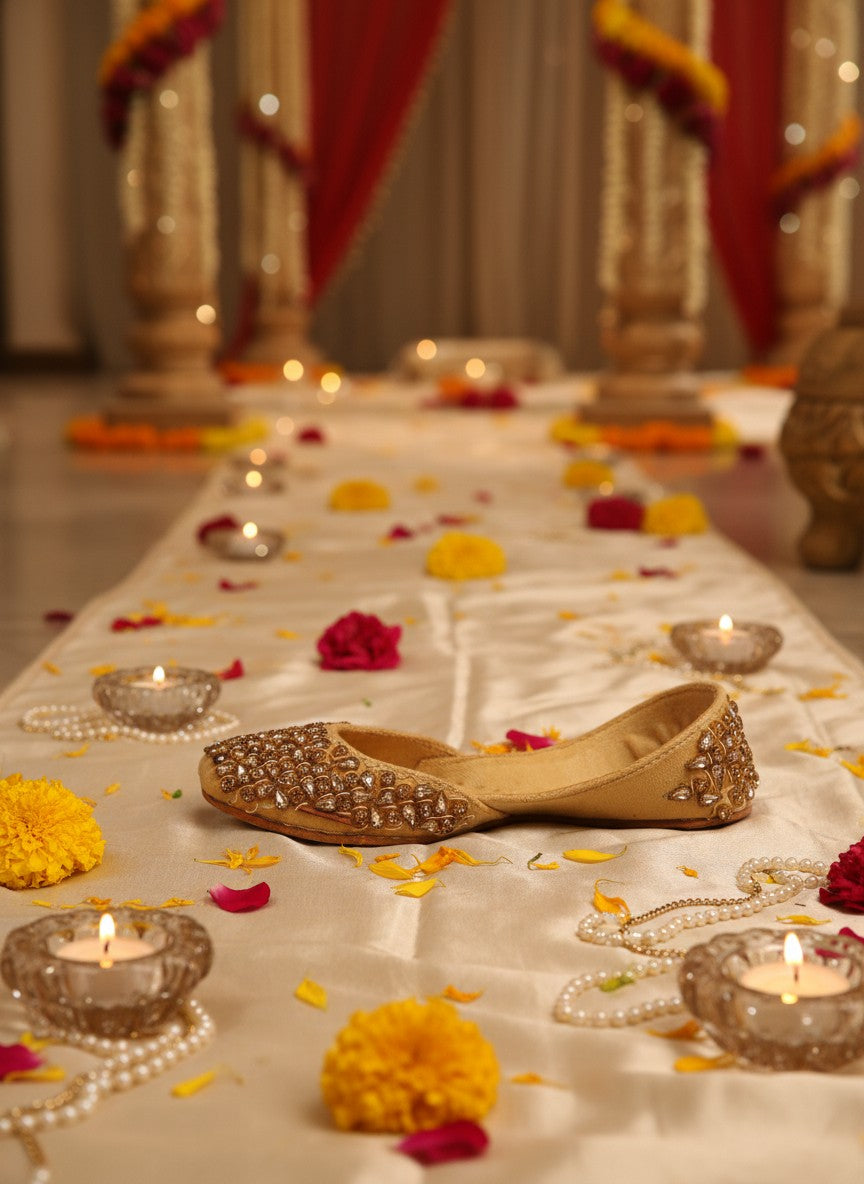 Ujaala gold velvet jutti embellished with rhinestones and beads. Traditional Indian flat shoe.