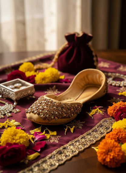 Ujaala gold velvet jutti embellished with rhinestones and beads. Traditional Indian flat shoe.