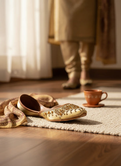 Ujaala golden-beige jutti with intricate gold and bronze bead embroidery on the toe. Flat sole, slip-on style.