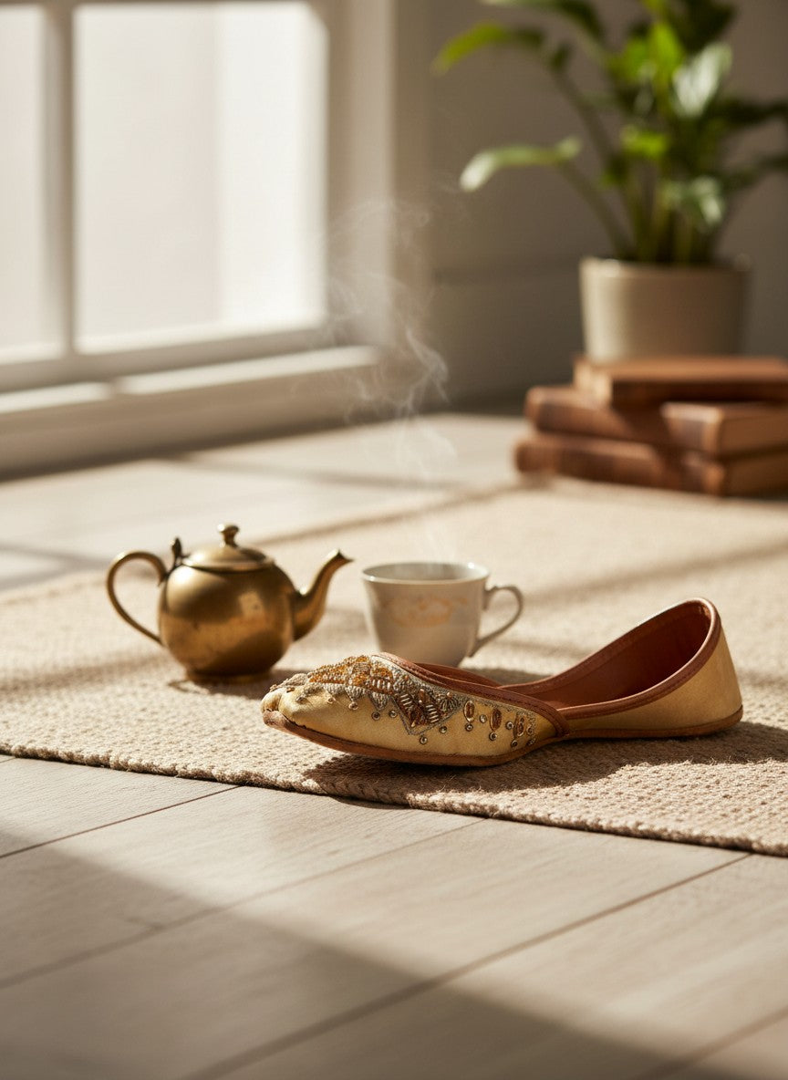 Ujaala golden-beige jutti with intricate gold and bronze bead embroidery on the toe. Flat sole, slip-on style.