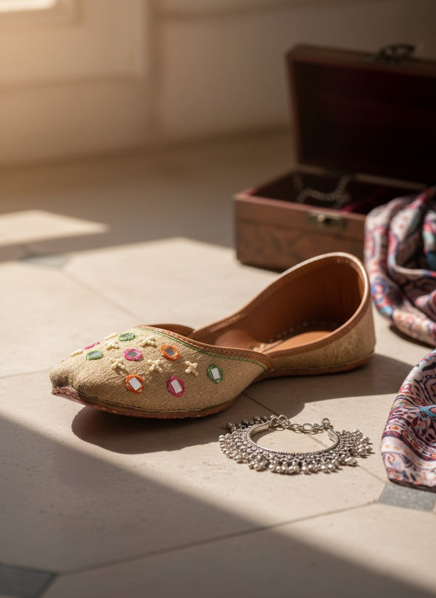 Ujaala Zarqa golden beige jutti with multicolor mirror and embroidery details. Traditional festive footwear.
