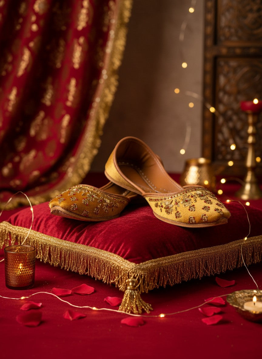 Ujaala Mehwar golden velvet jutti with intricate hand embroidery and red stone detailing.