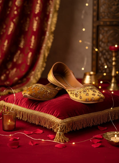 Ujaala Mehwar golden velvet jutti with intricate hand embroidery and red stone detailing.