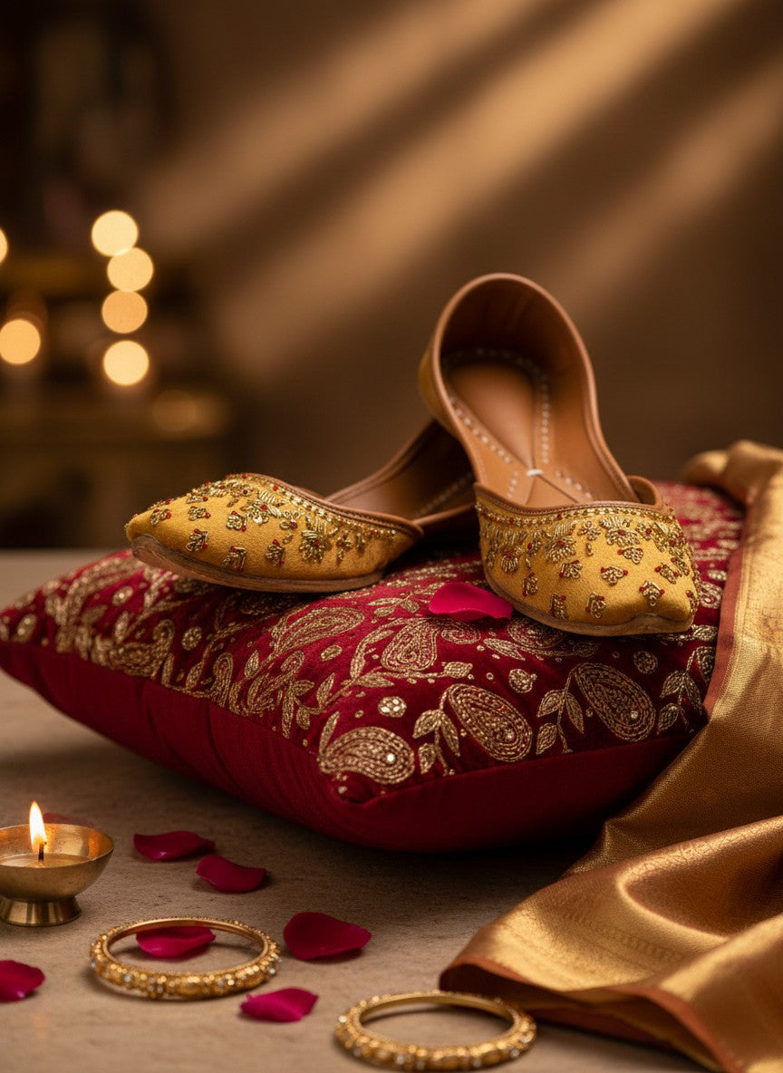 Ujaala Mehwar golden velvet jutti with intricate hand embroidery and red stone detailing. Perfect for festive occasions.