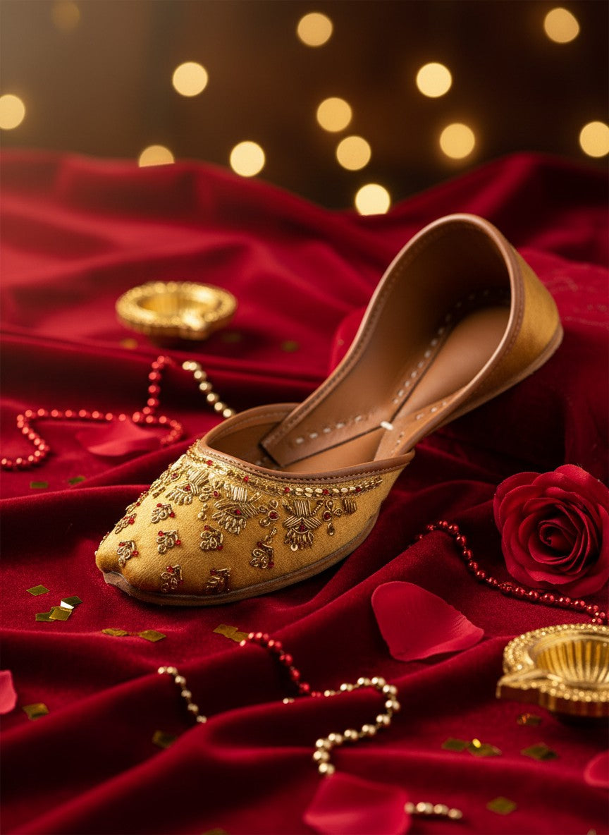 Ujaala Mehwar golden velvet jutti with intricate hand embroidery and red stone detailing. Perfect for festive occasions.