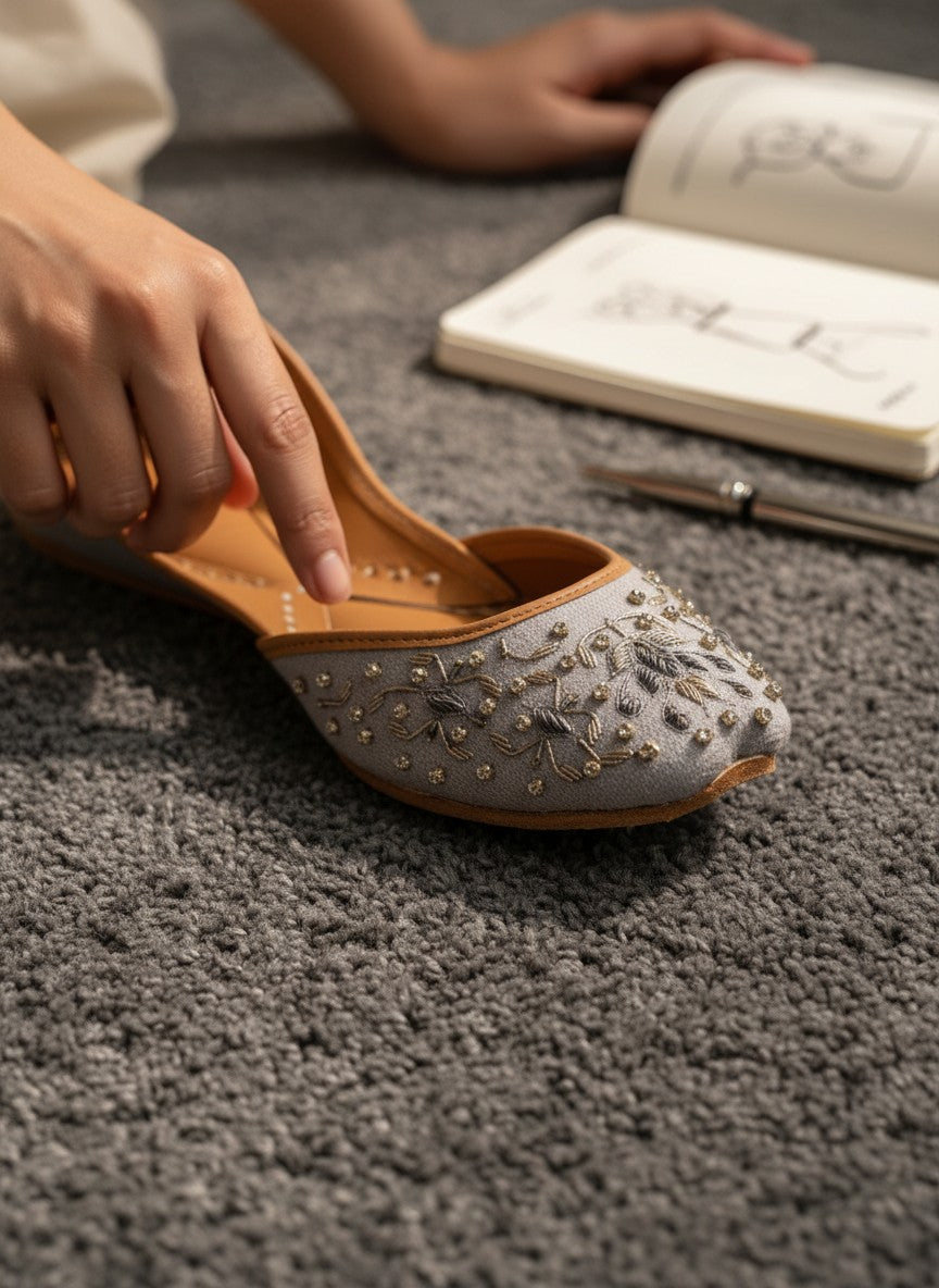 Ujaala Riwa gray jutti with intricate silver floral embroidery and bead embellishments.